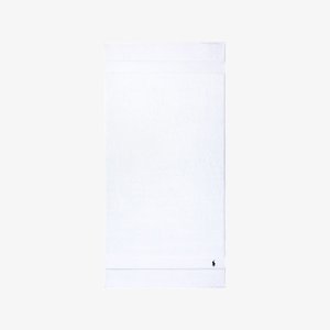 Serviette de bain en coton blanc à texture bouclée, présentant deux rayures horizontales et un petit logo brodé près du coin inférieur.