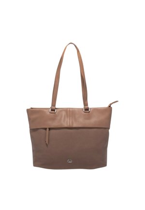 Brown tote bag with smooth leather top and textured fabric bottom. Features two long handles and a silver logo accent at the front.