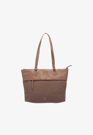 Sac fourre-tout marron avec un dessus en cuir lisse et un fond en tissu texturé. Il dispose de deux longues poignées et d'un accent logo argenté à l'avant.