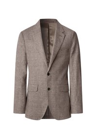 Blazer à carreaux marron avec une coupe ajustée, deux poches avant, revers notch et fermeture à un bouton. Intérieur doublé avec une texture lisse.