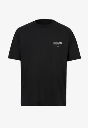 T-shirt en coton noir à manches courtes et col ras du cou. Présente un texte blanc "ALLSAINTS" et "LONDON" sur la partie gauche de la poitrine.