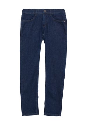 Dunkelblaue Jeans aus Denim mit geradem Bein, fünf Taschen, Knopfverschluss und Kontrastnähten. Geschmeidige Textur, klassisches Design.