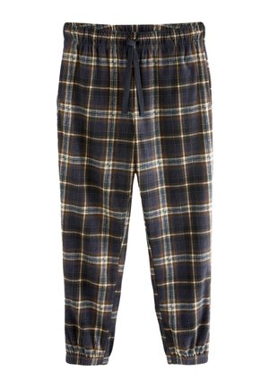 Dunkelblaue und braune karierten Hosen mit einem elastischen Bund, Kordelzug, Seitentaschen und elastischen Bündchen an den Knöcheln.