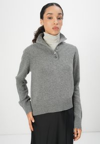 Pull en tricot gris avec un col et trois boutons, doté de poignets et d'un ourlet côtelés. Porté par-dessus un col roulé rayé.