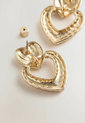 Gold heart-shaped earrings with textured detailing and a layered design. Posts for secure wear included. Finishes are shiny and metallic.