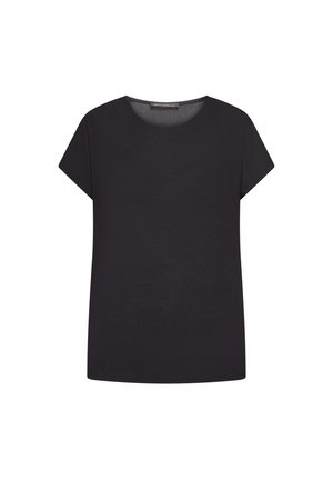 Czarna krótka koszulka z okrągłym dekoltem i prostym dołem, przedstawiona na płasko na białym tle.