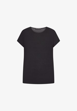 Czarna krótka koszulka z okrągłym dekoltem i prostym dołem, przedstawiona na płasko na białym tle.