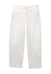 Vita denimbyxor med vida ben och fransad fåll, fem fickor och knäppning fram. Slät textur och avslappnad passform.