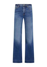 Blaue, weit geschnittene Jeans aus Denim mit einer ausgewaschenen Optik, ausgestattet mit Vorderaschen, Gürtelschlaufen und einem klassischen Reißverschluss vorne am Bund.