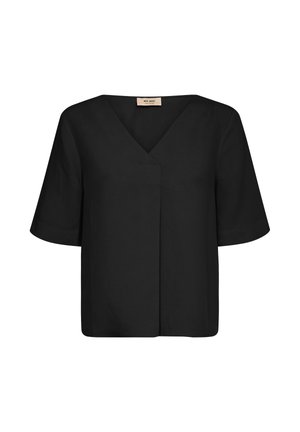 Čierna blúzka s krátkym rukávom, výstrihom do V a zavinovacím detailom vpredu, zobrazená na bielom pozadí.