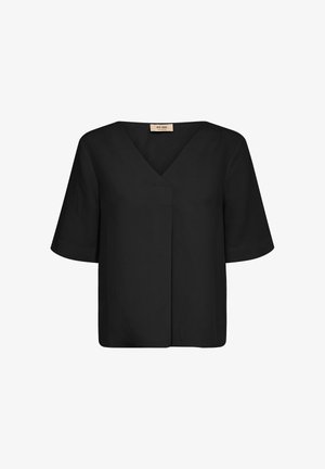 Zwarte blouse met korte mouwen, V-hals en een overslagdetail aan de voorkant, afgebeeld op een witte achtergrond.