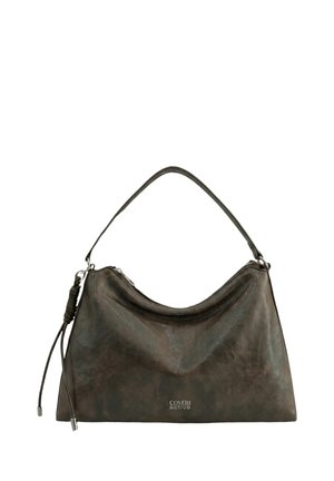 Borsa a mano in pelle marrone scuro con tracolla singola, chiusura con cerniera, nappine decorative sul lato e logo "COVERI active" al centro davanti.