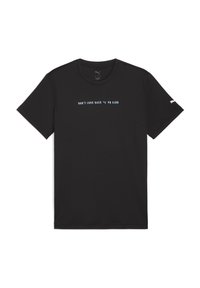 Sort atletisk t-shirt med teksten "DON'T LOOK BACK" og "PR CLUB" i lys blå, samt et lille logo på ærmet.