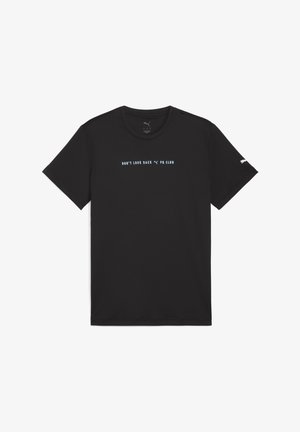 Sort atletisk t-shirt med teksten "DON'T LOOK BACK" og "PR CLUB" i lys blå, samt et lille logo på ærmet.