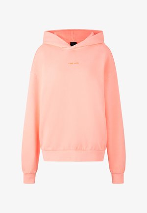 Pink hoodie made of soft fabric, featuring a front kangaroo pocket, ribbed cuffs, and a small logo in contrasting yellow on the chest.