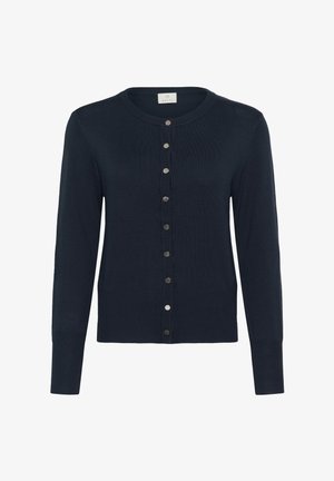 Navy blue cardigan made of lightweight knit fabric, featuring a round neckline, long sleeves, and a button-down front with textured detail.