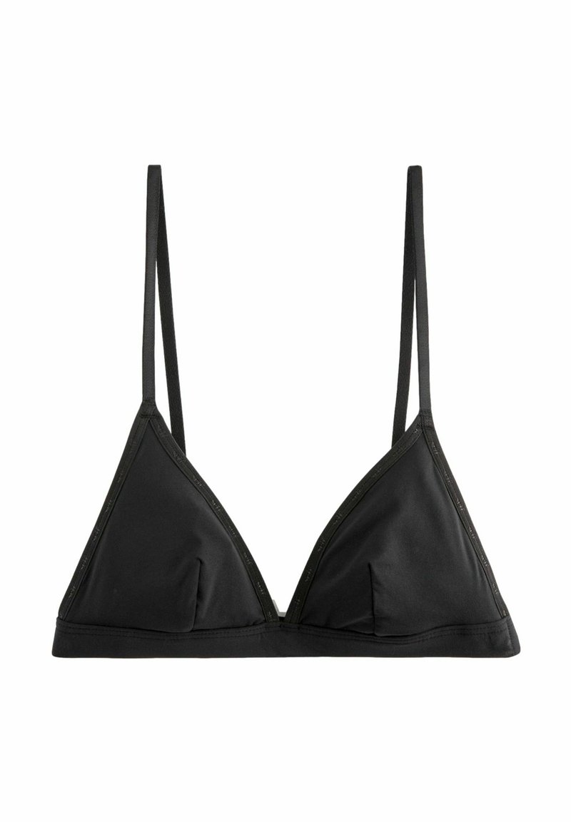 Reggiseno triangolare nero realizzato in tessuto morbido con spalline sottili e dettagli di cucitura discreti. Presenta coppe leggermente imbottite per una forma definita.