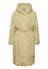 Manteau d'hiver long rembourré beige avec une capuche, une taille élastique, une fermeture éclair à l'avant et des poches latérales.