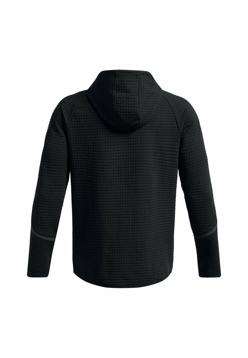 Schwarzer Hoodie mit einem strukturierten, gesteppten Muster. Verfügt über eine Kapuze und lange Ärmel mit kontrastierenden glatten Akzenten nahe den Bündchen.