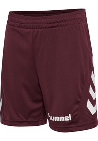Vinrøde atletikshorts med elastisk linning, hvid hummel-logo foran og hvide chevroner langs siderne.