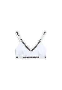 Witte bralette met V-halsontwerp, dunne verstelbare bandjes en een elastische band met "ARMEDANGELS" in het zwart, gemaakt van een gladde katoenstof.
