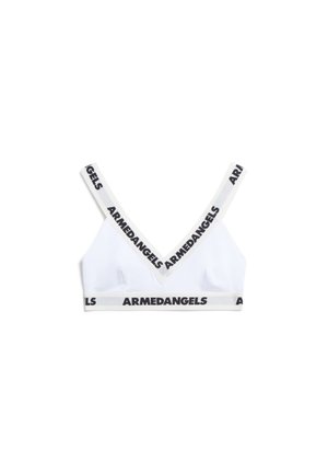 Witte bralette met V-halsontwerp, dunne verstelbare bandjes en een elastische band met "ARMEDANGELS" in het zwart, gemaakt van een gladde katoenstof.