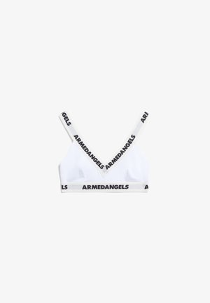 Witte bralette met V-halsontwerp, dunne verstelbare bandjes en een elastische band met "ARMEDANGELS" in het zwart, gemaakt van een gladde katoenstof.