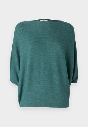 Pull en maille teal, coupe décontractée, col bateau large, manches tombantes, texture côtelée, tissu lisse et doux. Pas de matériel ou de motifs visibles.