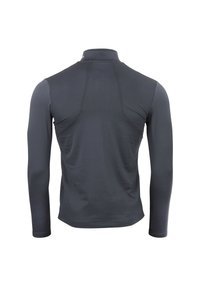 Langärmeliges Sportshirt in Dunkelgrau. Aus glattem, dehnbarem Stoff mit hohem Kragen und figurbetontem Schnitt. Keine sichtbaren Grafiken oder Logos.