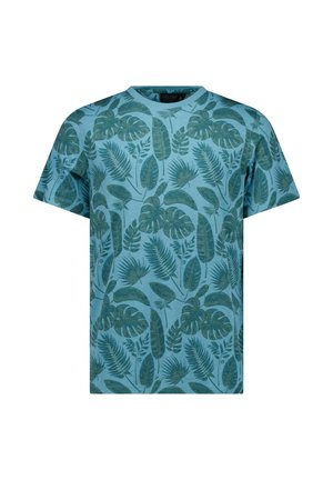 Blauw katoenen T-shirt met een groene tropische bladprint over het hele shirt, korte mouwen en een ronde hals.