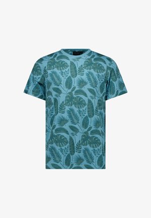 Blauw katoenen T-shirt met een groene tropische bladprint over het hele shirt, korte mouwen en een ronde hals.