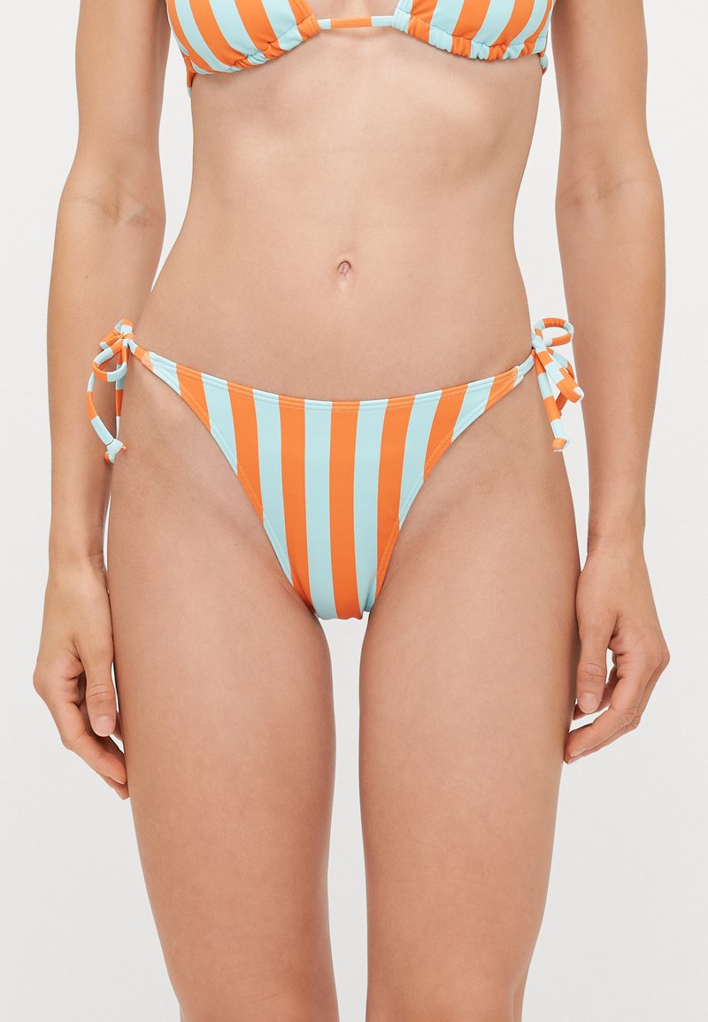 Bikini bottoms in a striped design with orange and light blue colors. Features tie closures on each side and a smooth texture.