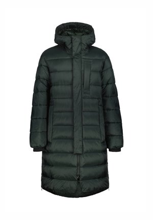 Tmavě zelená péřová bunda s kapucí, se zipem vpředu, horizontálním prošíváním a kapsou na prsou. Měkký, hladký materiál s elastickými manžetami.
