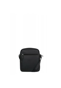 Borsa a tracolla nera realizzata in materiale sintetico morbido, con tasca anteriore con zip, tracolla regolabile e forma rettangolare.