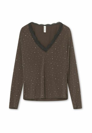 Brūns garām piedurknēm tops ar mežģīņu apdari V-veida izgriezumā un izkaisītām baltām polka punktiem. Mīksts materiāls, taisna apakša un brīvs piegriezums.