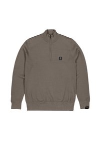 Pull marron texturé à manches longues avec demi-fermeture éclair, poignets et bord côte côtelés, et petit logo carré noir sur le côté gauche de la poitrine et la manche.