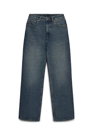 Jeans in denim blu a vita alta con gambe dritte e larghe, tasche frontali e posteriori, chiusura con bottoni e passanti per cintura.