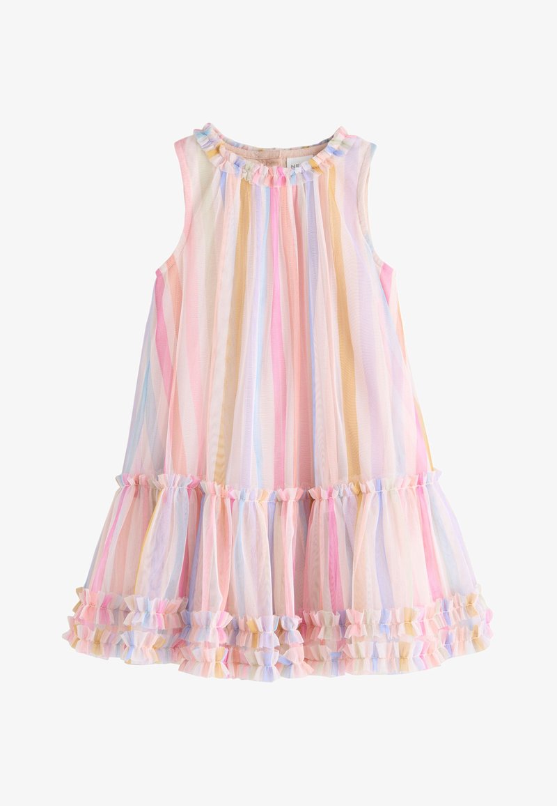 Vestido sin mangas para niña con rayas verticales en tonos pastel en rosa, azul y amarillo, con cuello con volantes y volantes en capas en el dobladillo.