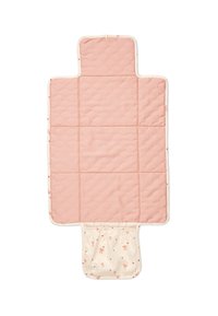 Quilted changing mat in soft pink and cream, featuring a floral pattern on the underside and slightly padded texture. Non-slip edges.