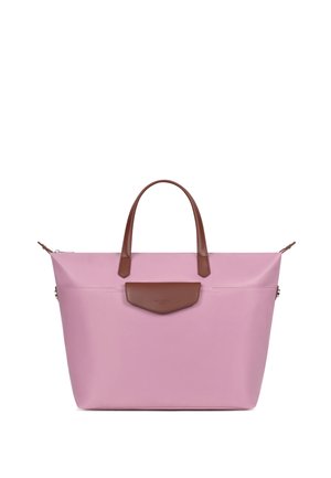 Roze schoudertas met bruine handvatten en voorklep, rechthoekige vorm, ritssluiting, gladde textuur, minimalistisch ontwerp.