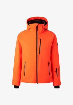 Oranje waterdichte jas met capuchon, voorzien van zwarte ritsen en stiksels, meerdere met ritssluitingen voor zakken en verstelbare manchetten.