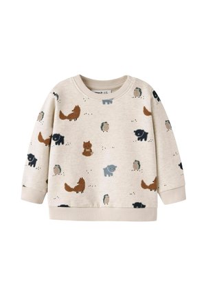 Crème-kleurige sweater met een verscheidenheid aan kleine dierenpatronen, waaronder vossen, egels en beren in gedempte tinten. Zacht katoenen materiaal.