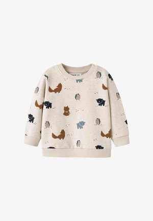 Cremefarbener Sweatshirt mit einer Vielzahl von kleinen Tiermotiven, darunter Füchse, Igel und Bären in gedämpften Farbtönen. Weiches Baumwollmaterial.