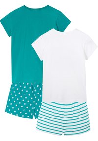 Ensemble de sommeil deux pièces comprenant un haut turquoise et un short à pois blancs avec des accents rayés. Tissu en coton, manches courtes et col rond.
