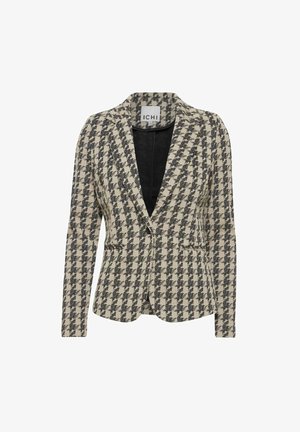 Blazer à motif pied-de-poule en beige et noir, coupe ajustée, fermeture à un bouton, revers crantés et deux poches avant.