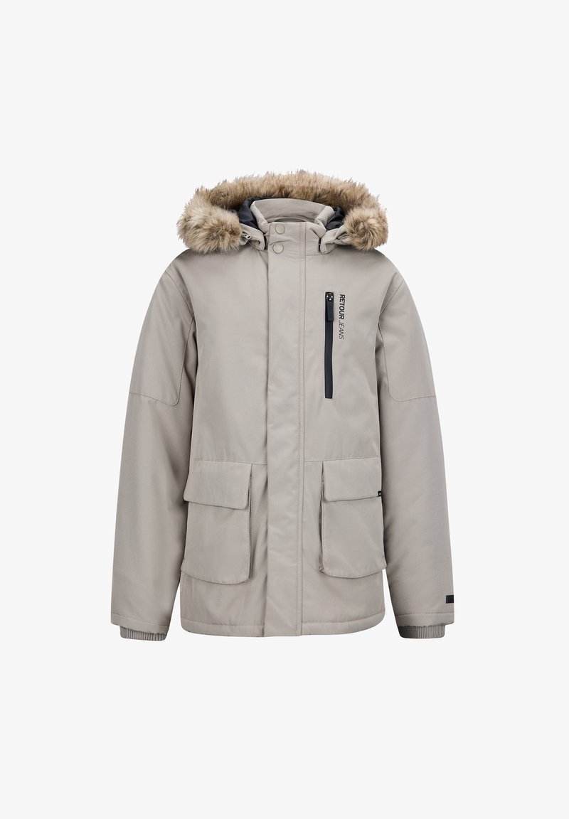 Jasna szara zimowa kurtka z kapturem wykończonym futrem, dwoma przednimi kieszeniami z klapką oraz pionową kieszenią na zamek błyskawiczny na klatce piersiowej oznaczoną napisem "Retour Jeans".