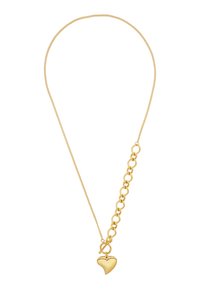 Collana d'oro con catena raffinata e pendente a forma di cuore. Presenta una finitura liscia con un design minimalista e una chiusura sicura.
