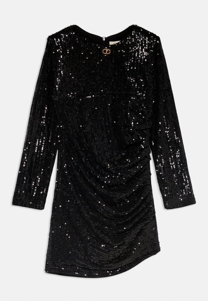 Fekete flitteres ruha hosszú ujjakkal, kerek nyakkivágással, redőzött részletekkel és hátsó cipzárral. Sima textúra, csillogással.