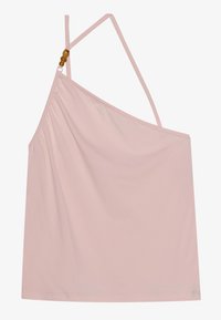 Haut sans manches rose clair avec un design drapé, bretelles fines et un ornement en perles décoratif sur une épaule. Texture de tissu lisse et douce.