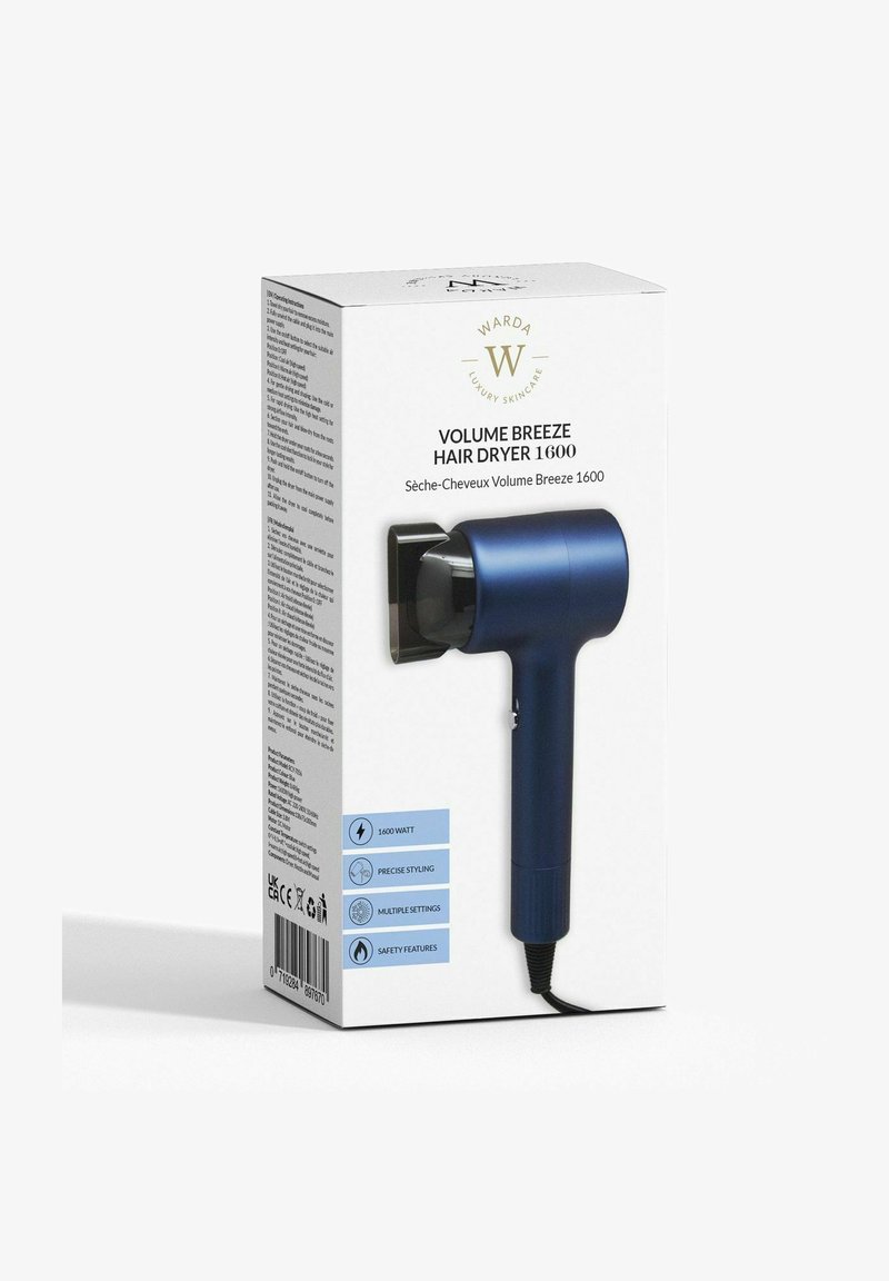 Niebieska suszarka do włosów o smukłym designie, 1600 watów. Posiada czarną dyszę, wieloma ustawieniami oraz funkcjami bezpieczeństwa na białym opakowaniu z brandingiem.